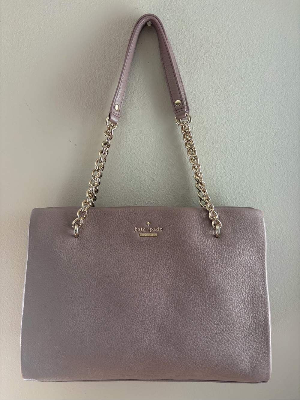 Kate Spade New York Pebbled Leather Chain Tote Shoulder Bag Shimmer Taupe Blush